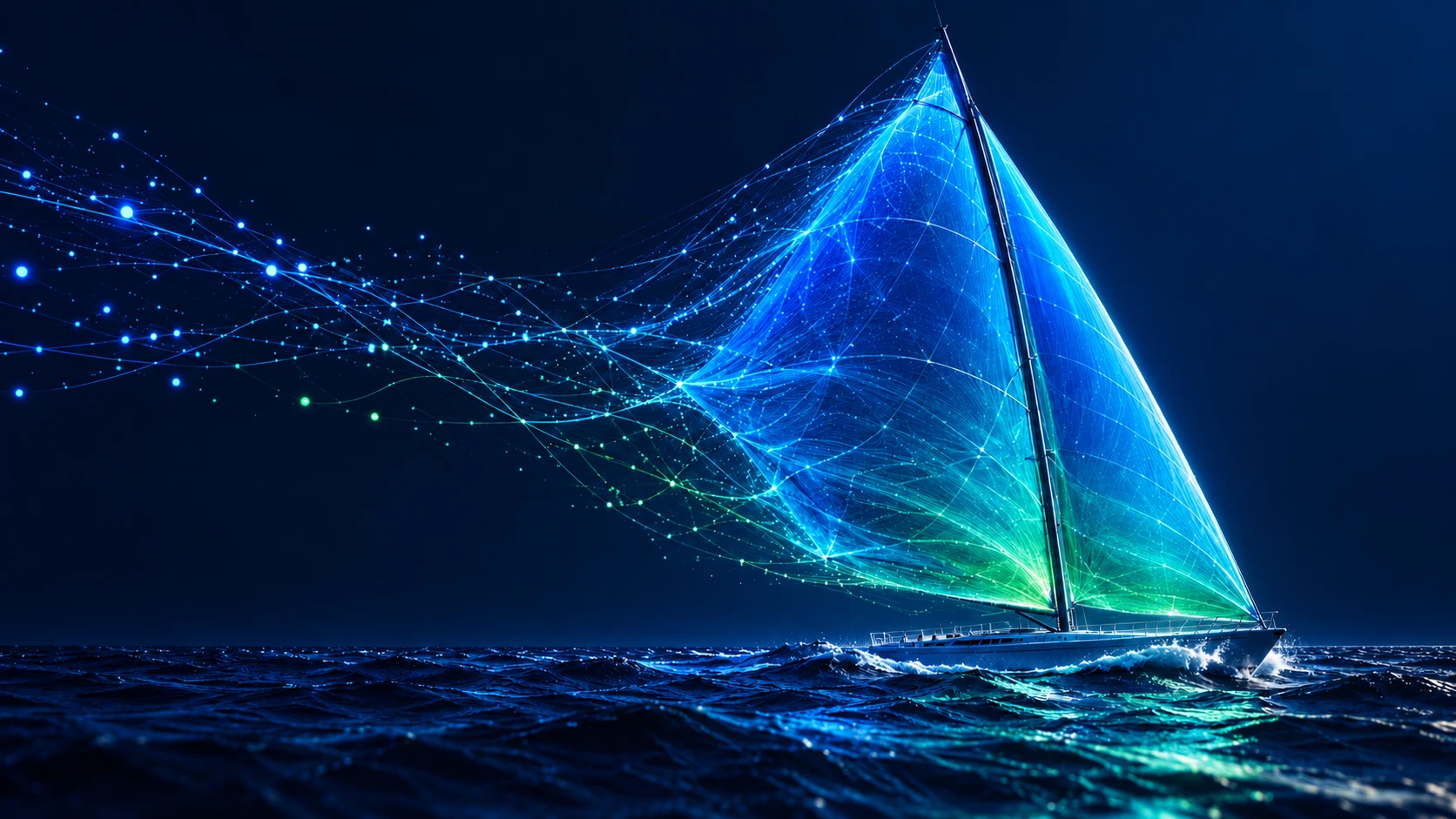 Segelboot mit einem Segel aus leuchtenden Datenlinien auf See
